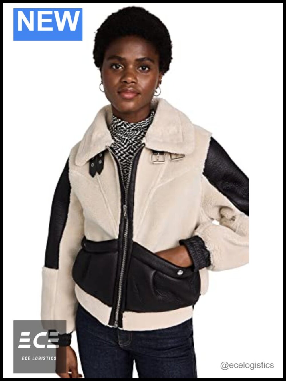 Faux Leather Moto Jacket Sherpa Lined Aviator Geometric Print Notch